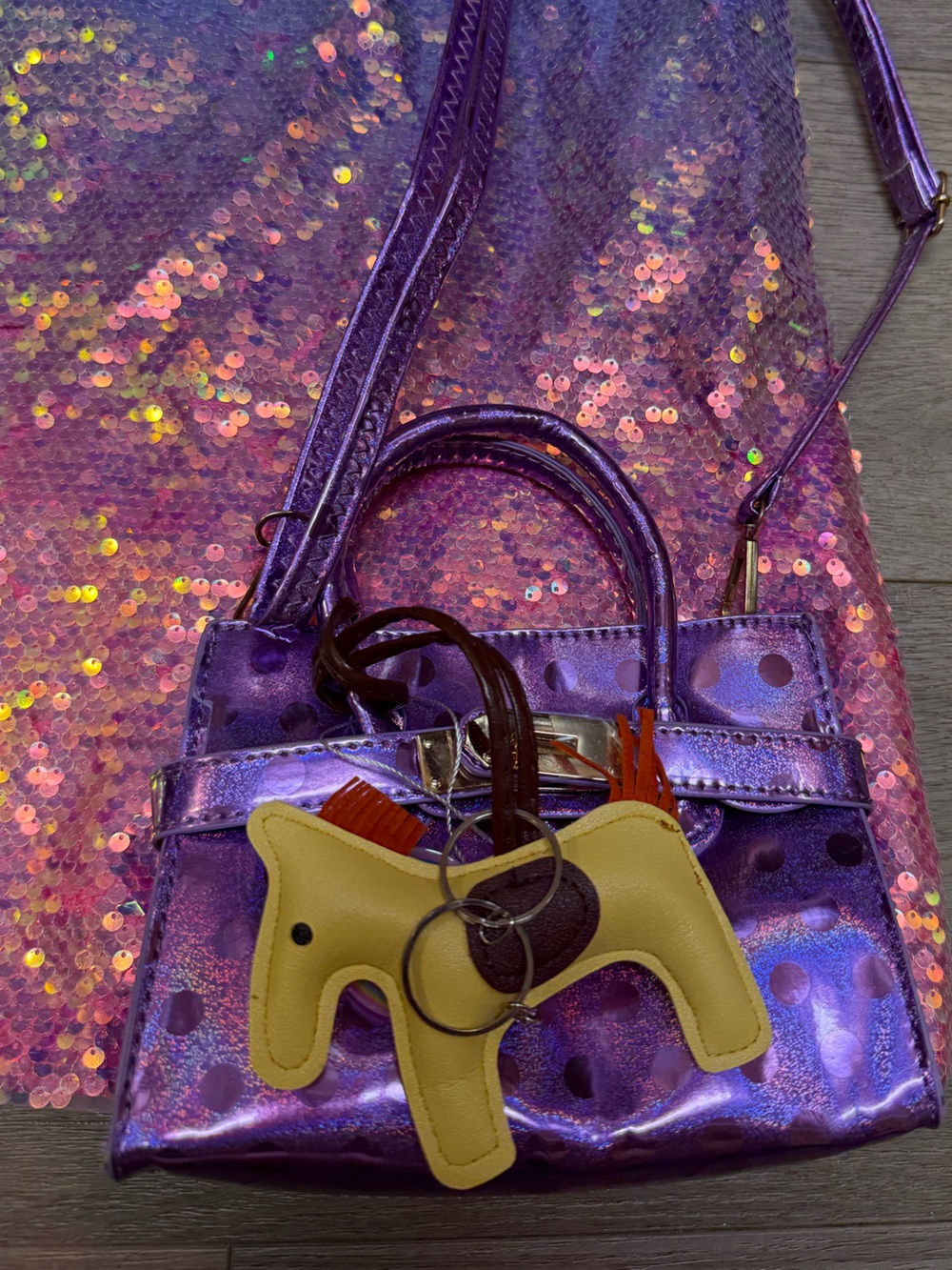 Lola + The Boys Metallic Purple Sequin Tote with Yellow Horse Charm